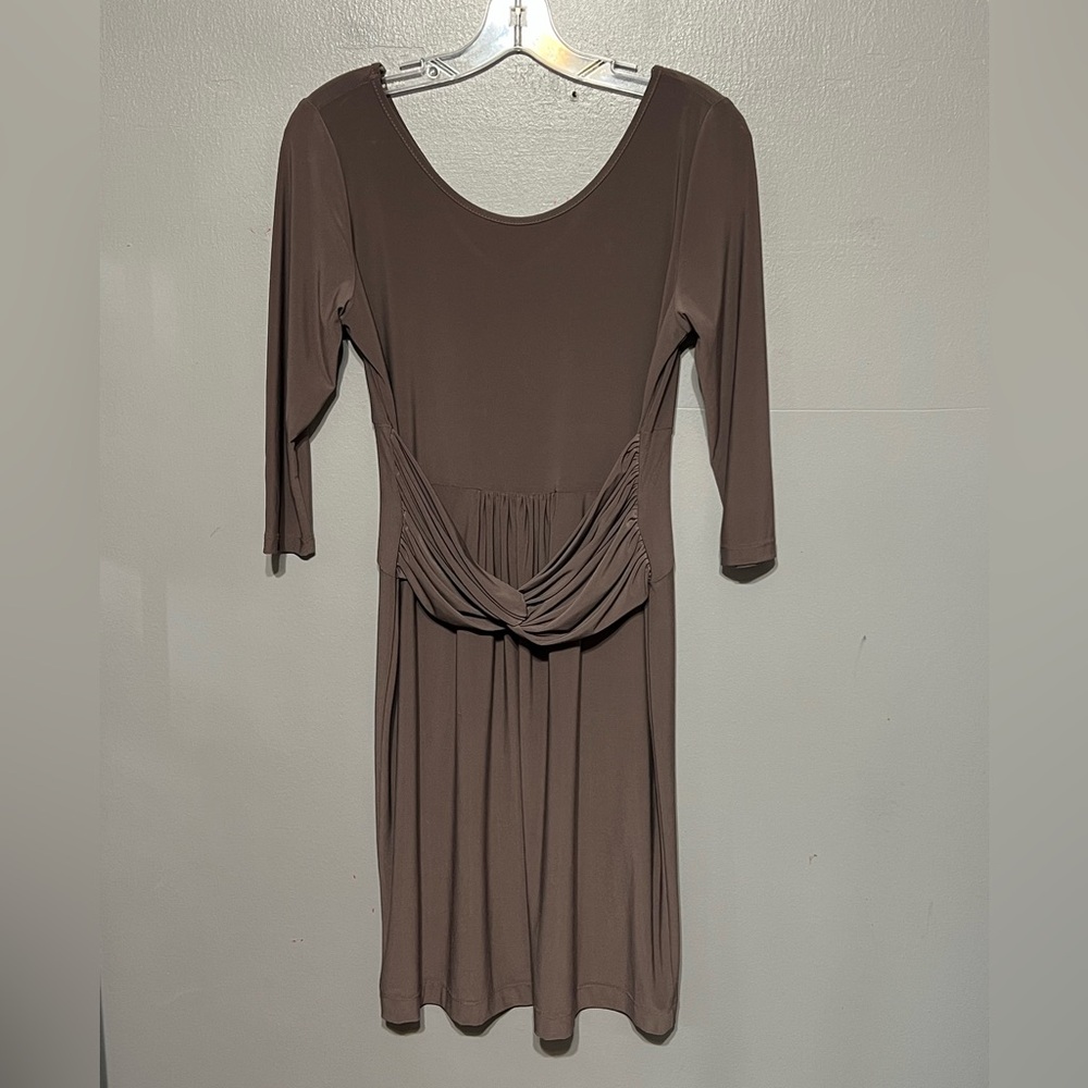 Clara Sun Woo Taupe Draped Ruched Waist Midi Dress XS 3/4 Sleeve Stretch Knit
